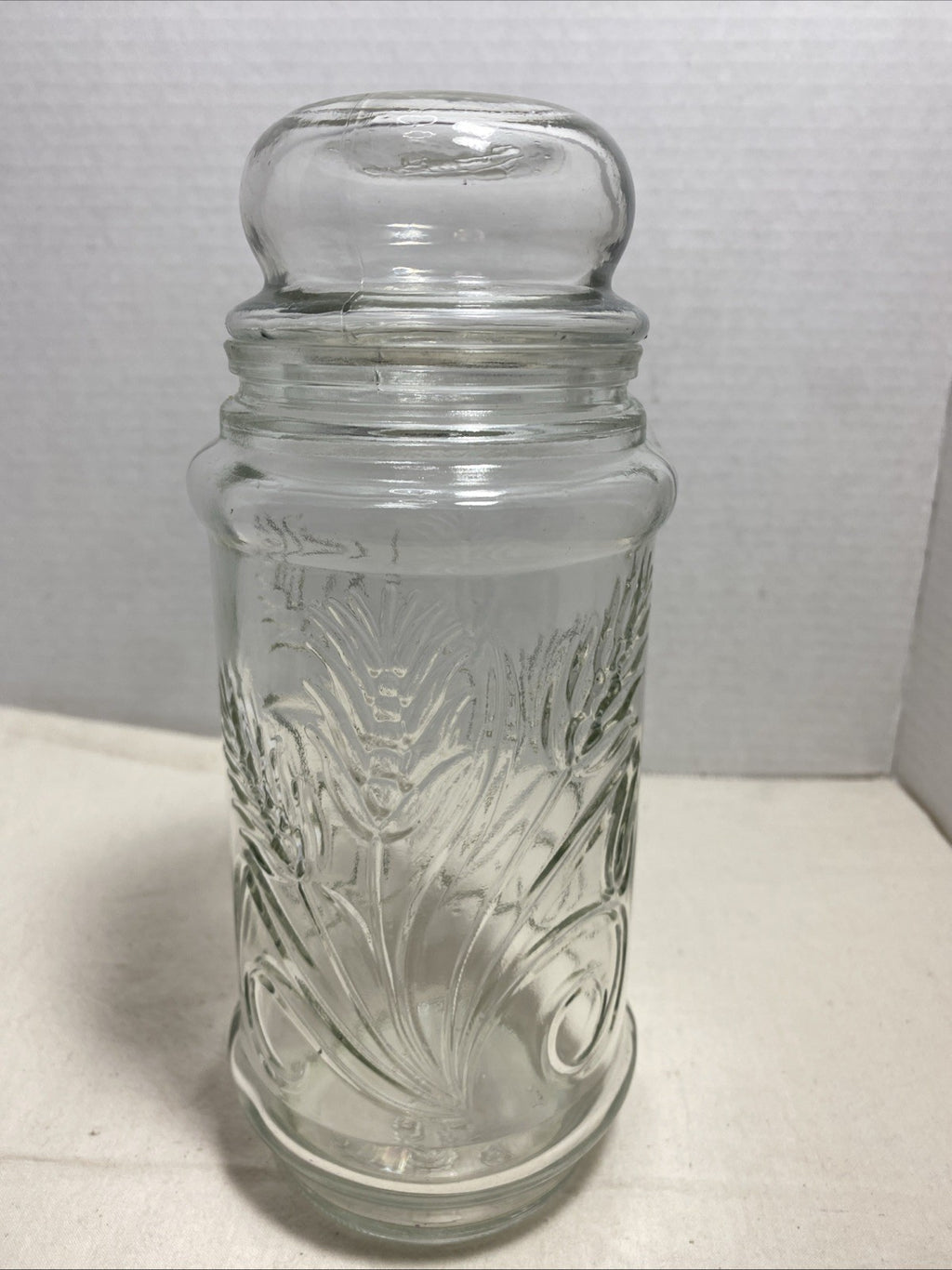 Planters Mr Peanut Glass Apothecary Jar Canister VTG 1982 Wide Pnut Leaf Design 