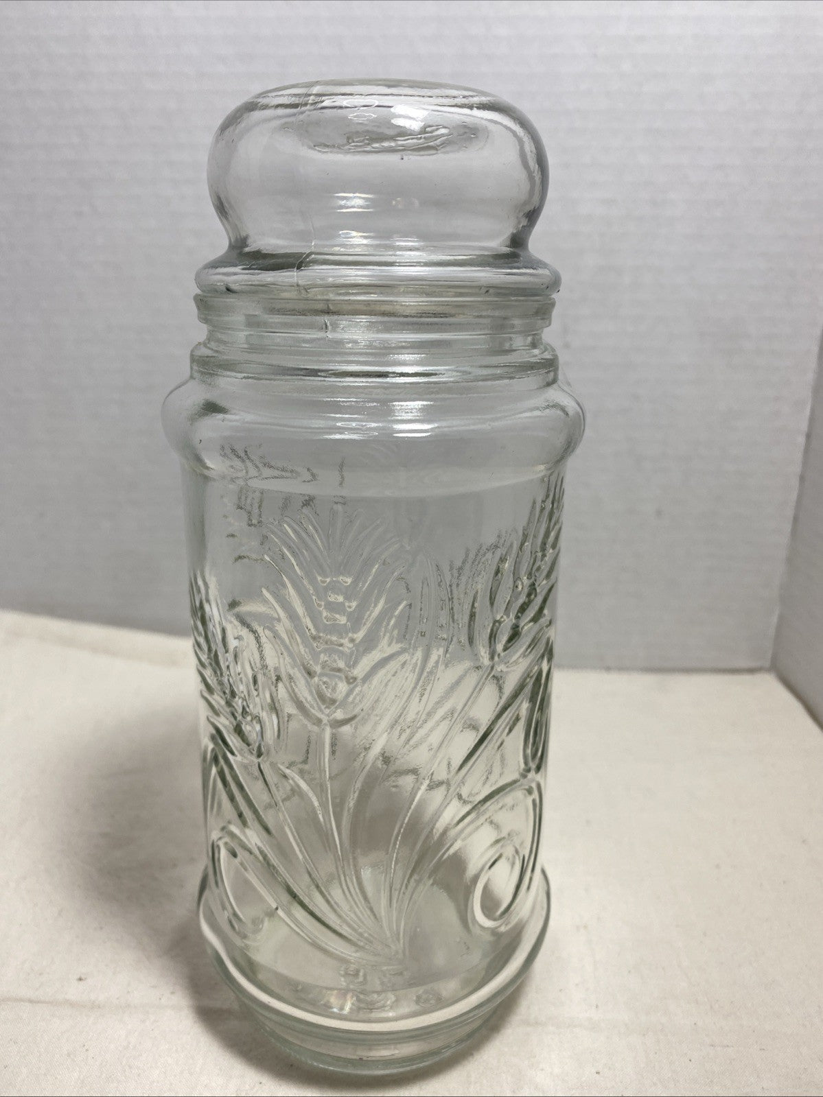 Planters Mr Peanut Glass Apothecary Jar Canister VTG 1982 Wide Pnut Leaf Design 