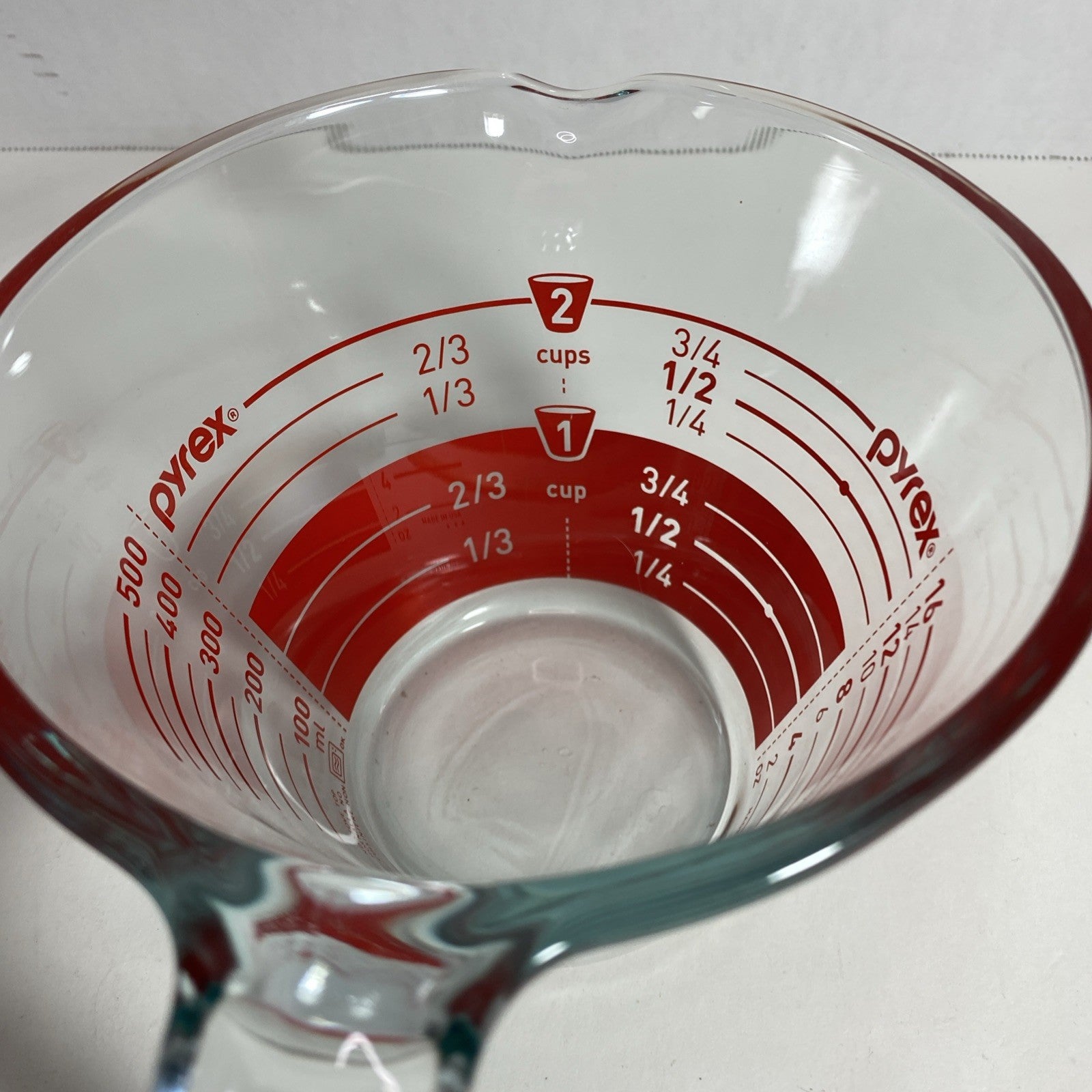 Vintage Pyrex Reverse Read 2 Cup 16 Oz Glass Measuring Cup Red Letters