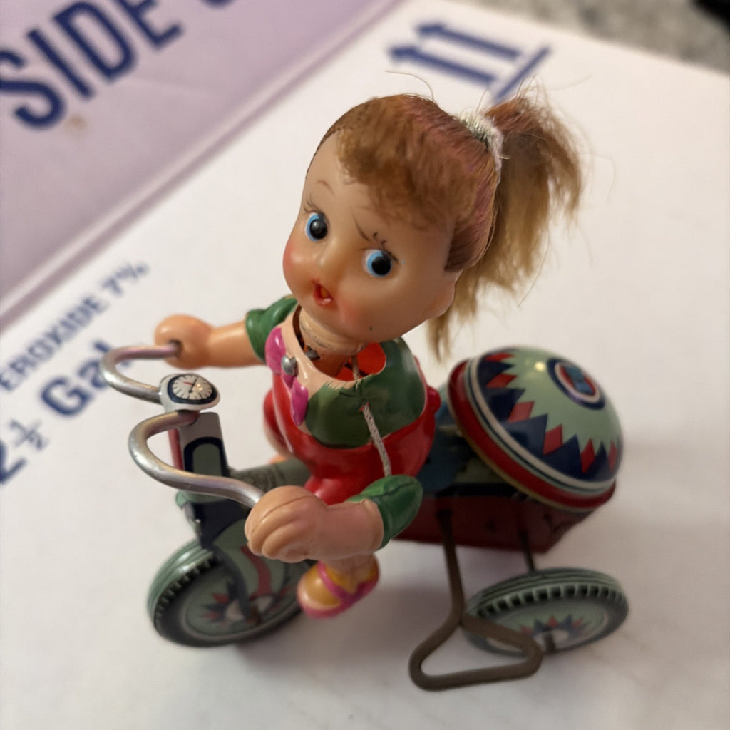 Vintage Pony Tail Doll on Tricycle Kanto Toys Japan Wind-Up Works