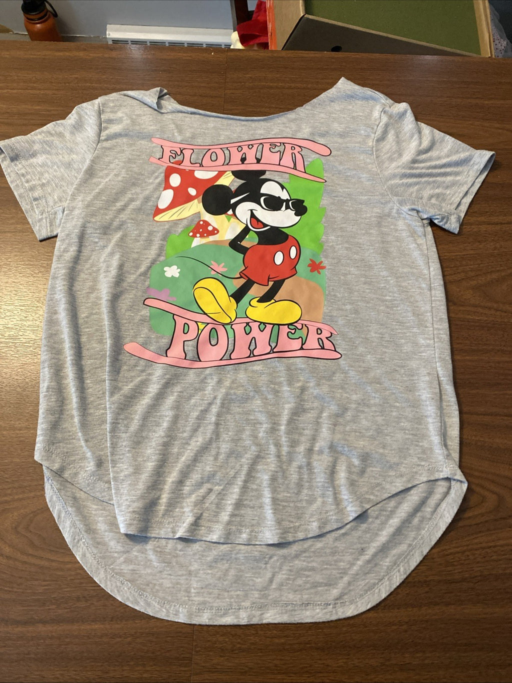 Disney T Shirt Size L 11/13 Jr Gray Mickey Mouse FLOWER POWER SS See Pic