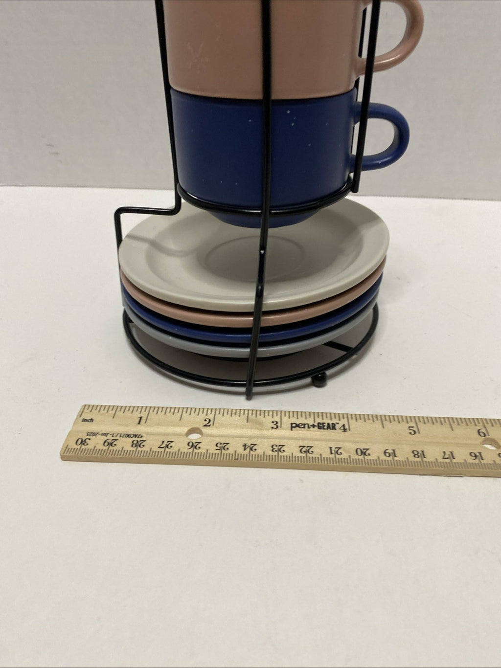 Stoneware Stackable Espresso Cups with Saucers and Metal Stand Set of...4