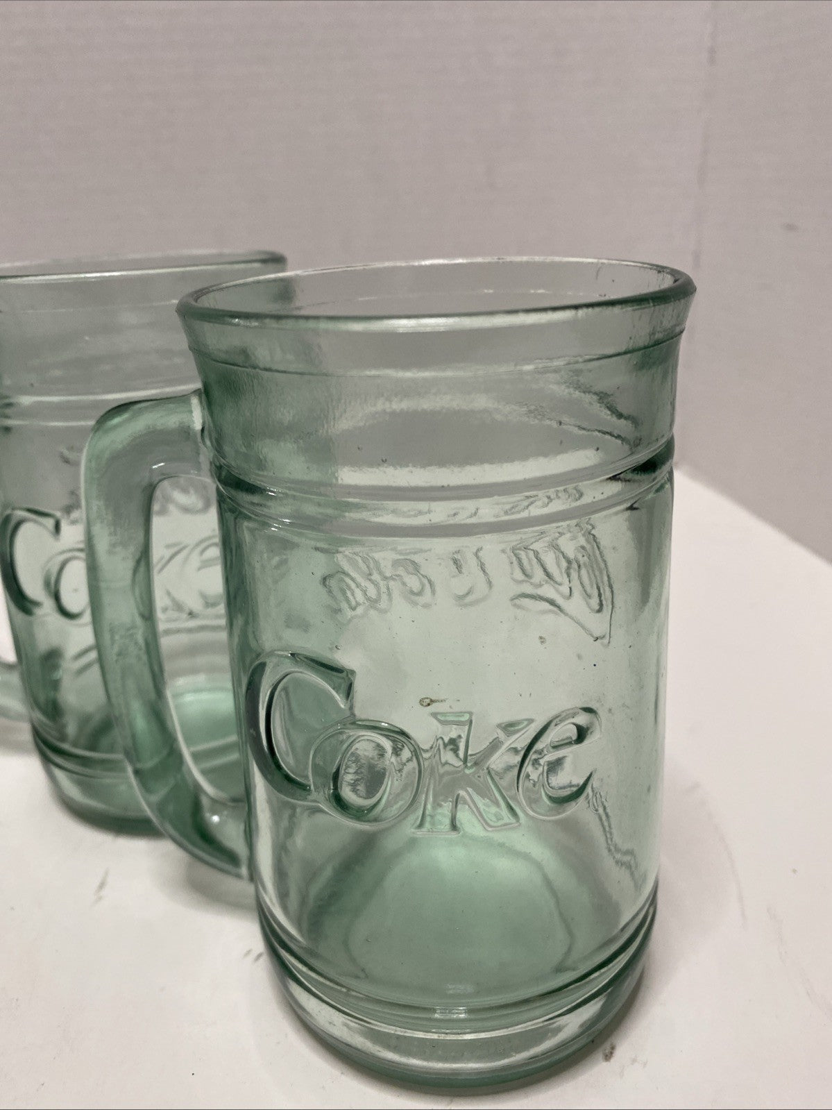 Set of 4 Vintage COCA-COLA Green Glass Coke Mugs Stein w/ Handle 16 oz Heavy