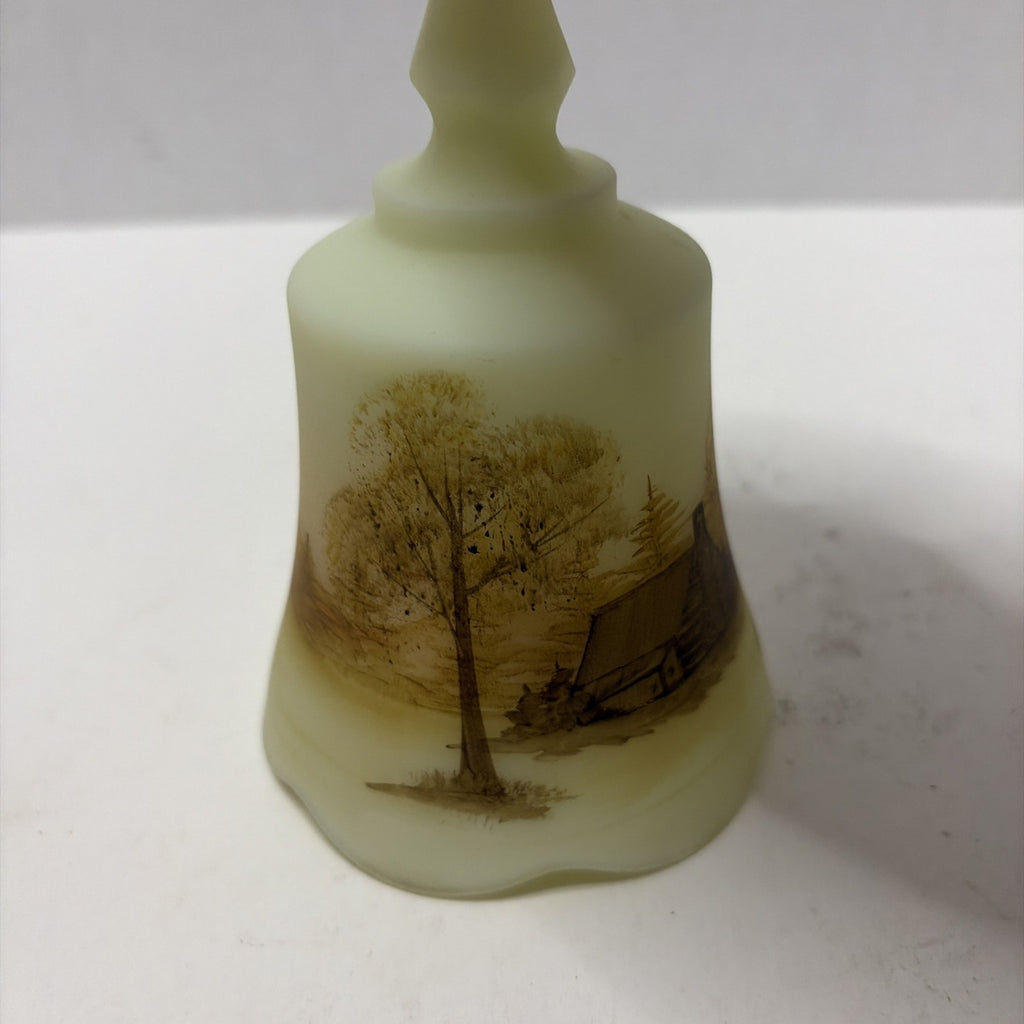 Vintage Fenton Uranium Custard Glass Bell Log Cabin Hand Painted Signed ~ Glows