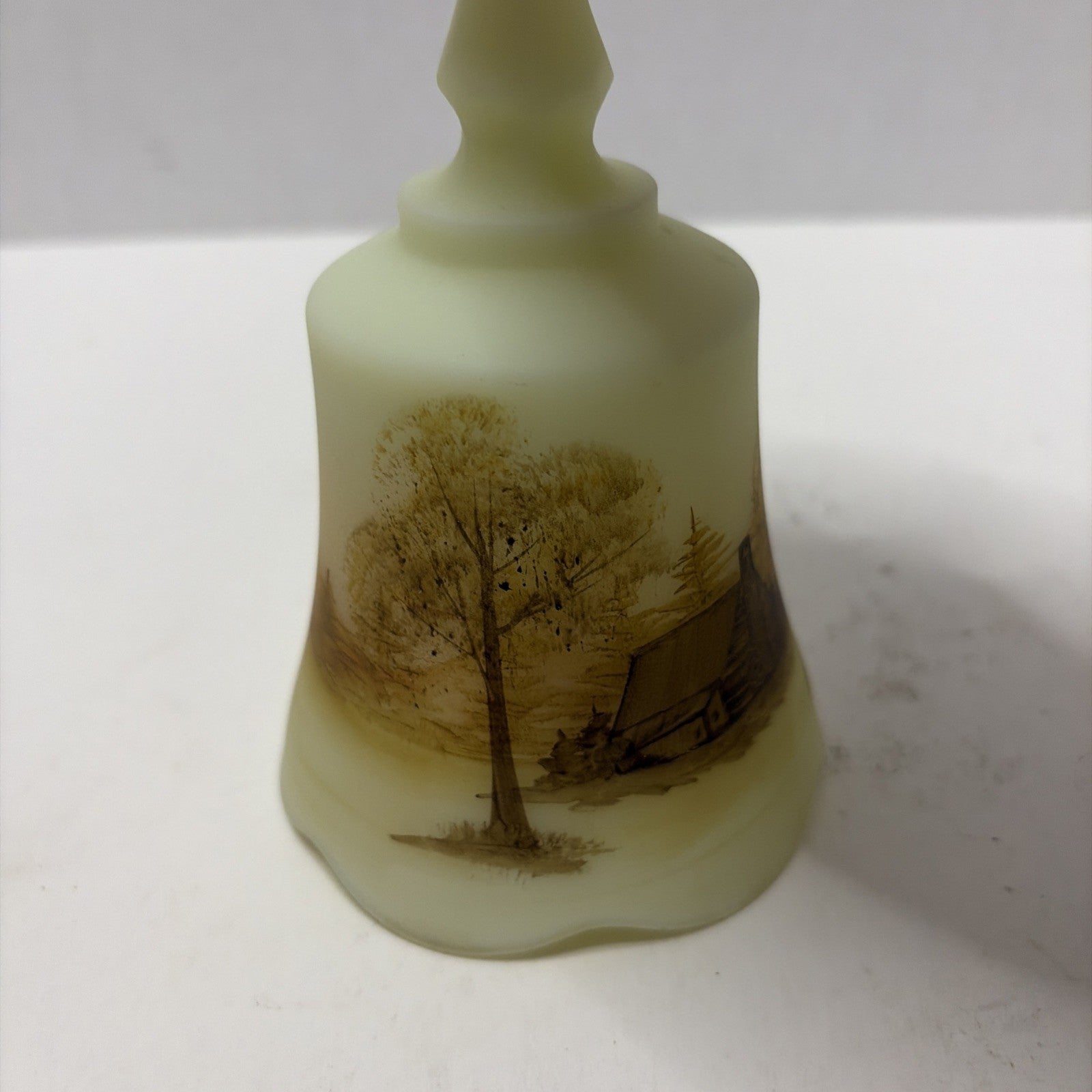 Vintage Fenton Uranium Custard Glass Bell Log Cabin Hand Painted Signed ~ Glows