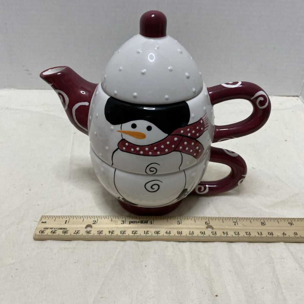 Bella Casa By Ganz Snowman Tea For One Teapot & Cup Stacked 3 Piece Set