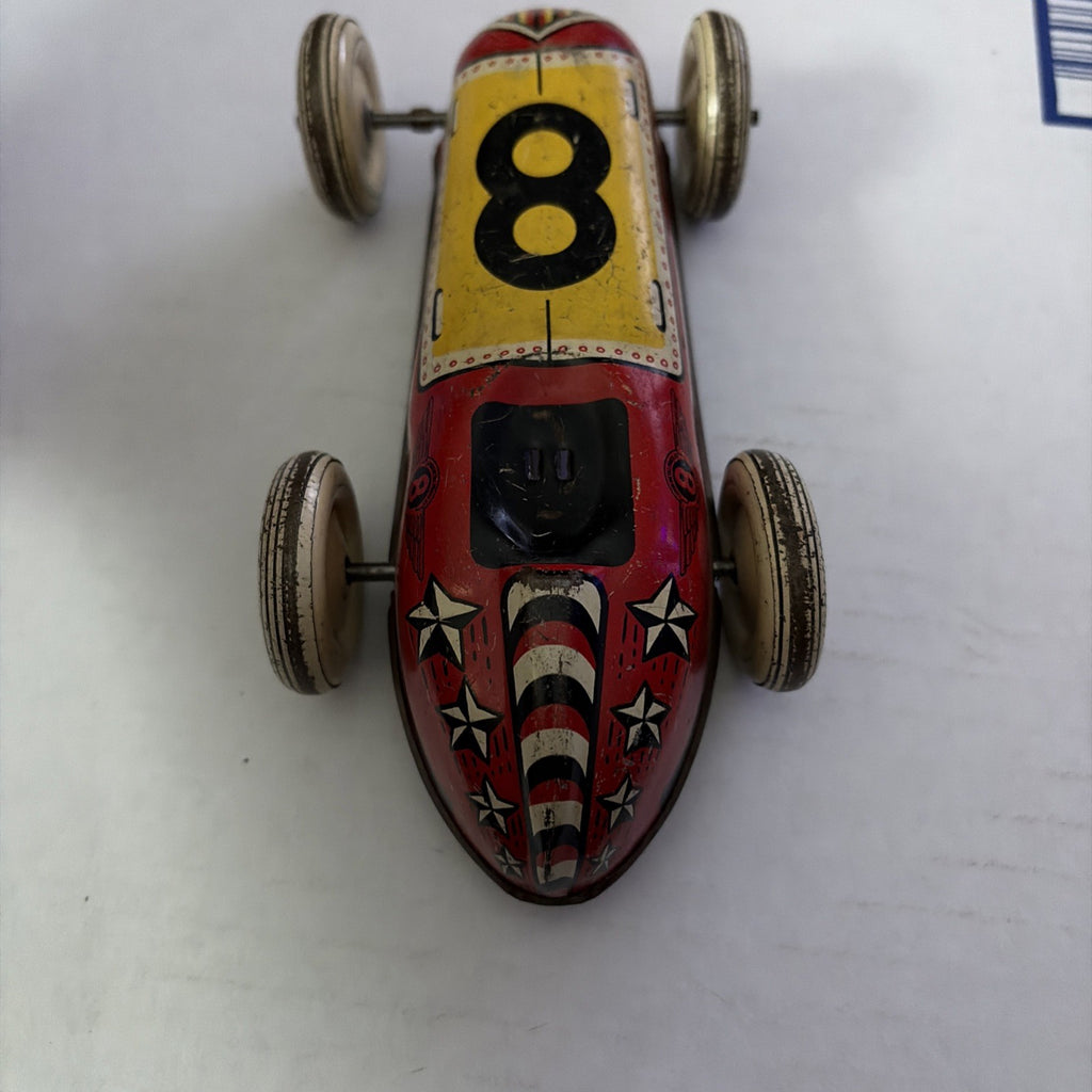 Vintage Lupor Red Yellow Toy Tin Race Car no. 8 No Driver