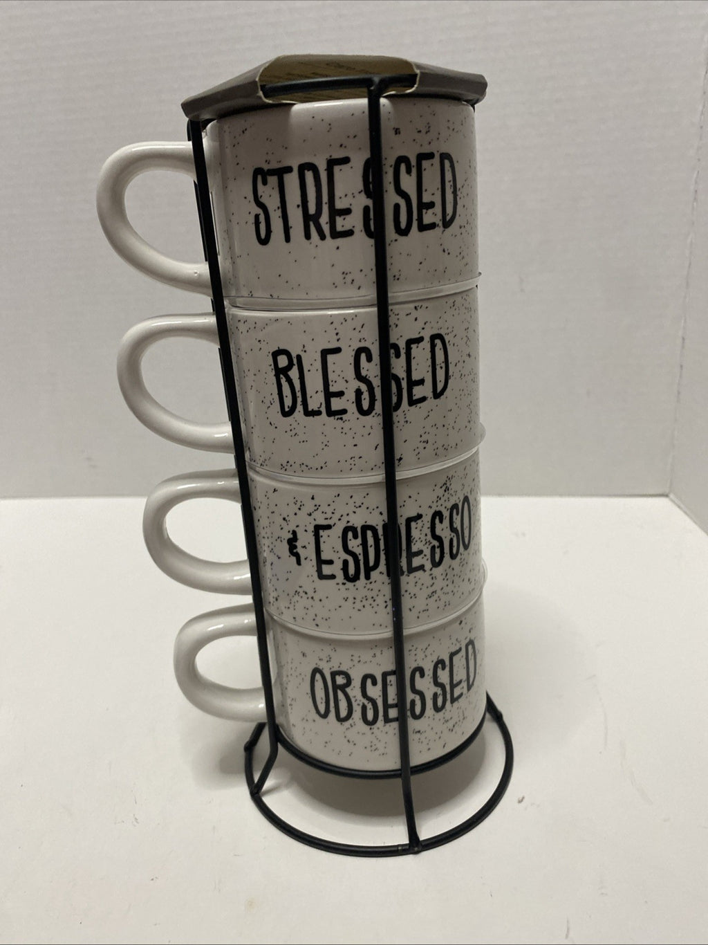 Stressed Blessed & Obsessed Espresso Stacking Mugs & Rack Home Essentials NEW