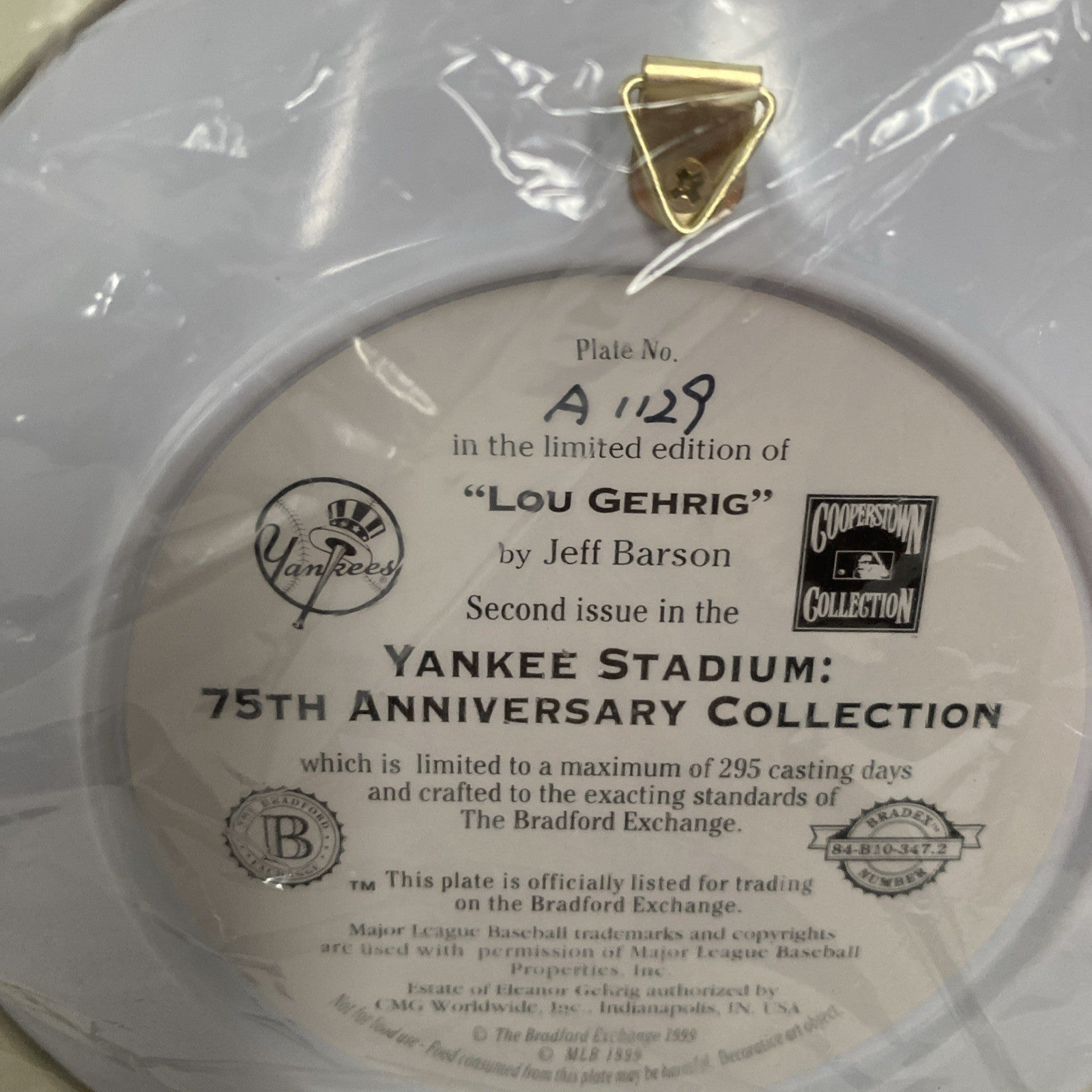 Rare The Iron Horse “Lou Gehrig” Limited Edition Plate Yankee Stadium 1999 Coa