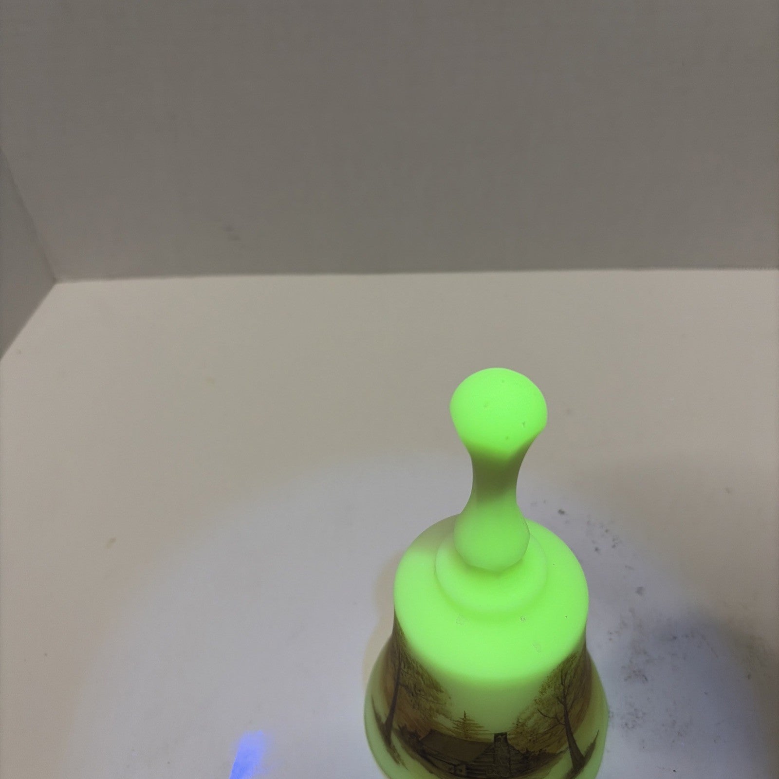 Vintage Fenton Uranium Custard Glass Bell Log Cabin Hand Painted Signed ~ Glows