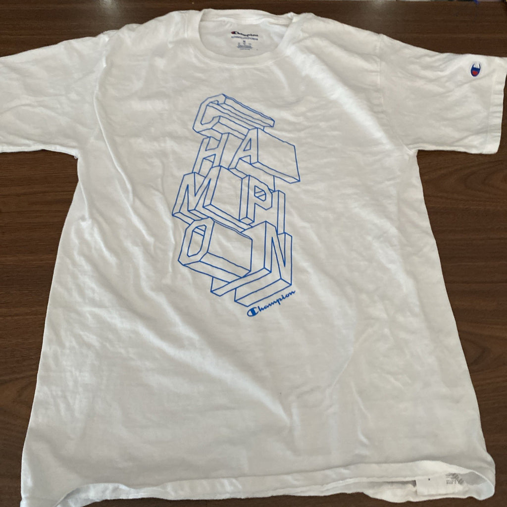 Champions Block Logo T-Shirt White & Blue Sz Medium