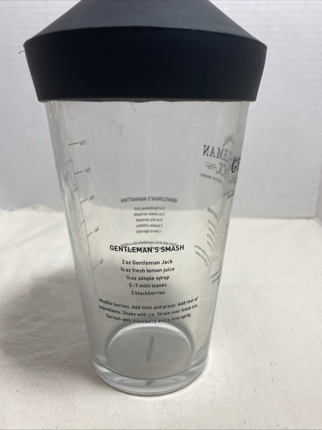 Jack Daniel's Gentleman Jack whiskey cocktail shaker glass with a silicone top