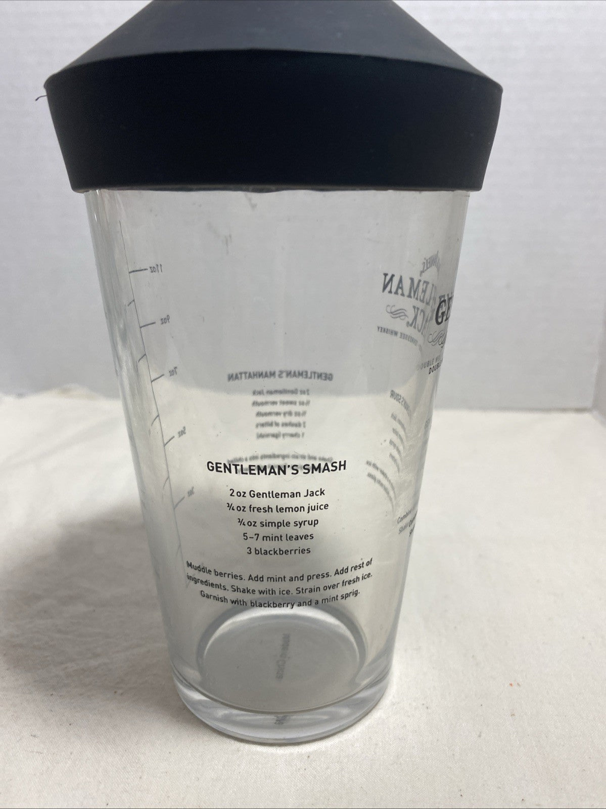 Jack Daniel's Gentleman Jack whiskey cocktail shaker glass with a silicone top