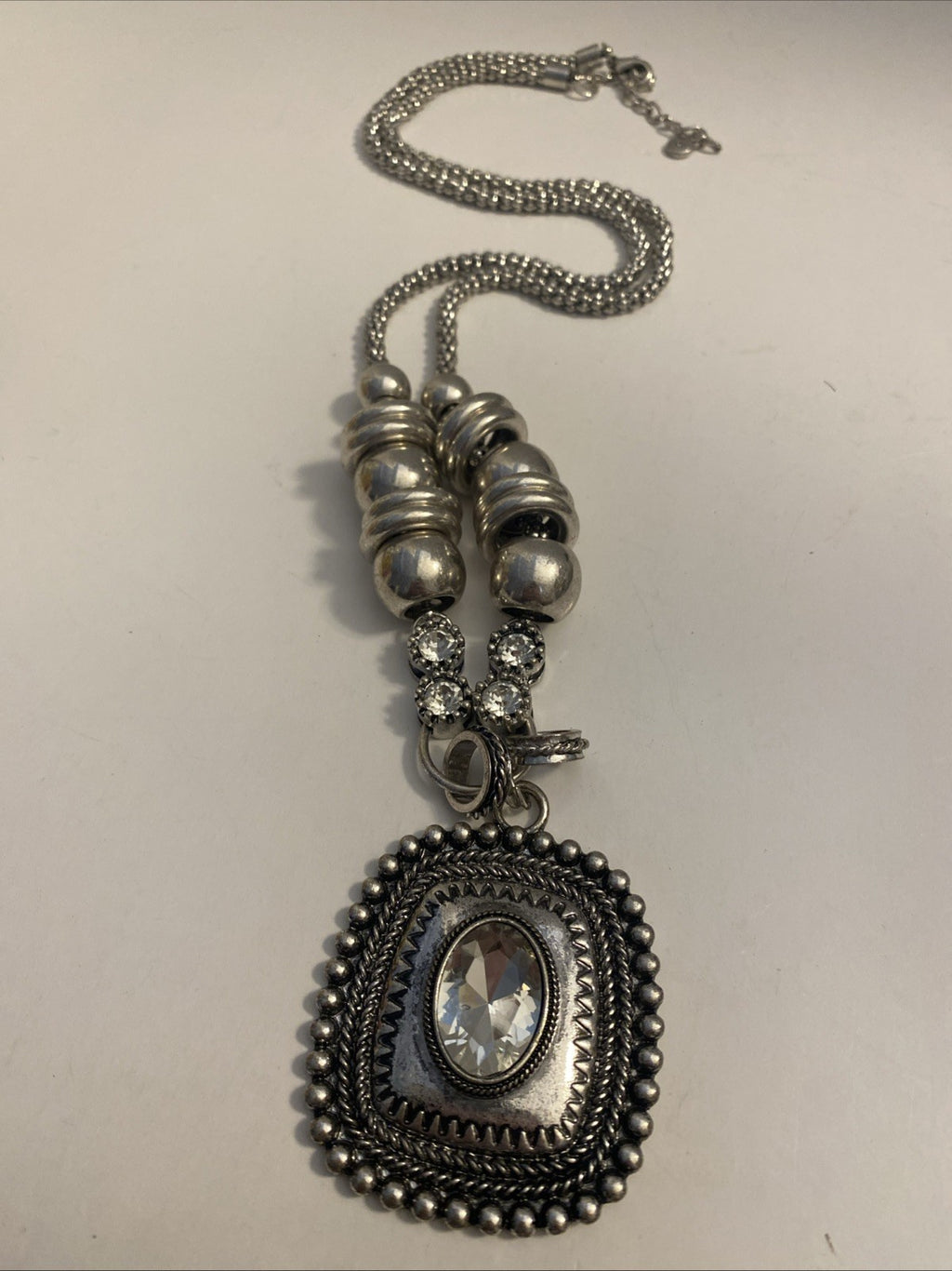 C1946 Clear Crystal Pendant Silver Tone Long Necklace