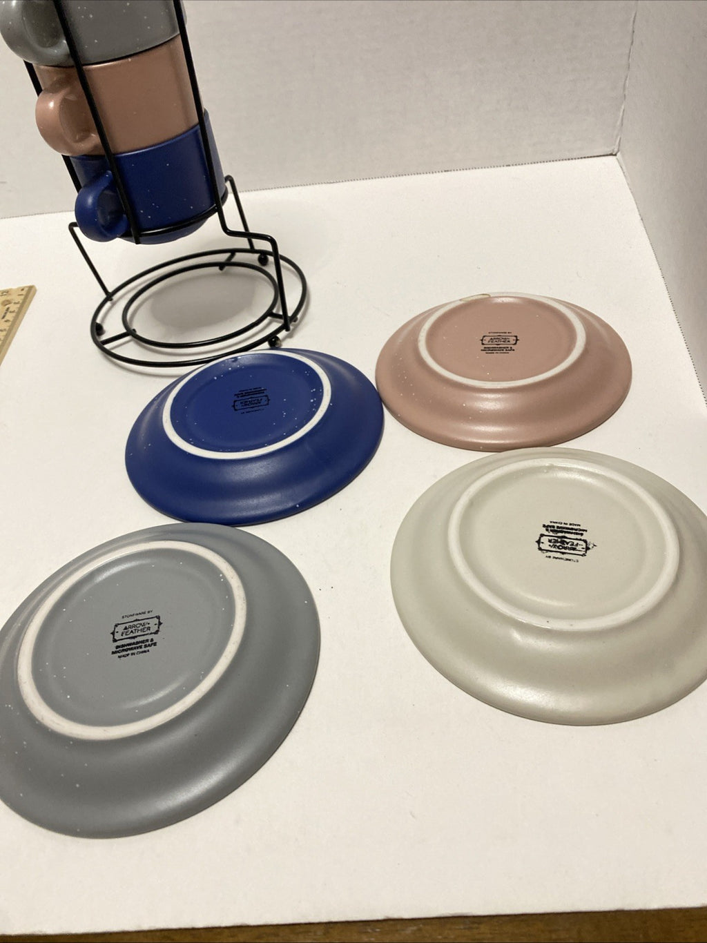 Stoneware Stackable Espresso Cups with Saucers and Metal Stand Set of...4