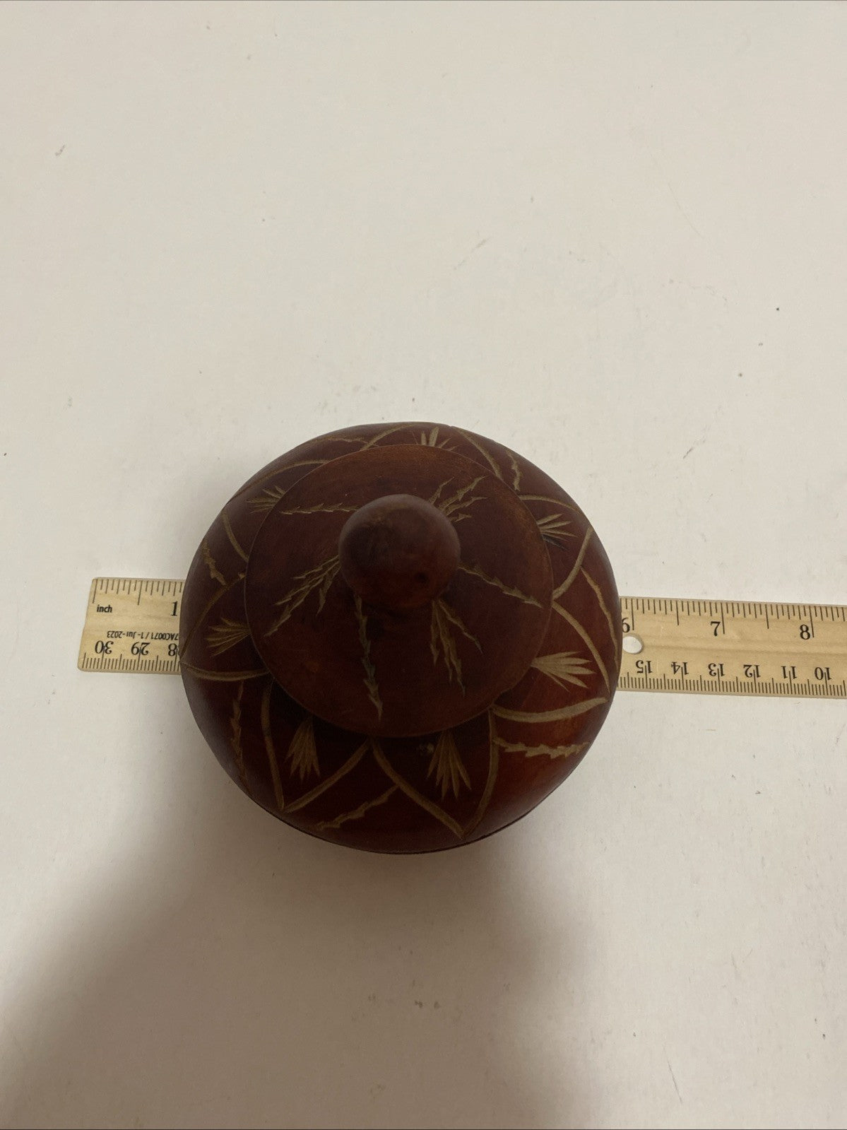 Vintage Hand Carved Wooden Trinket Box With Lid Swirl Design Small 5” Approx