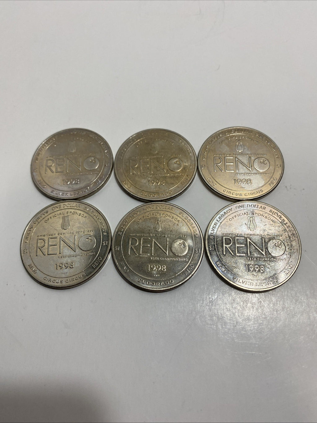 American Bowling Congress Tournament Reno, NV 6 Casino Tokens 1998 Without Box