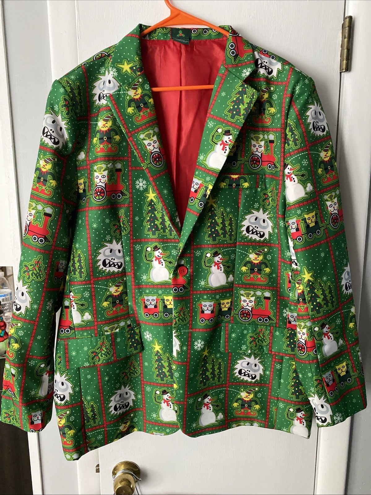 Men's Abominable Snowman Elf Cats Ugly Christmas Party Green Blazer Size XL
