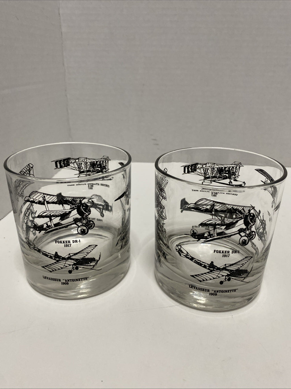 Glass Cup Wright Flyer Model A Sopwith Camel F1 Demoiselle Fokker NYP Set Of 2