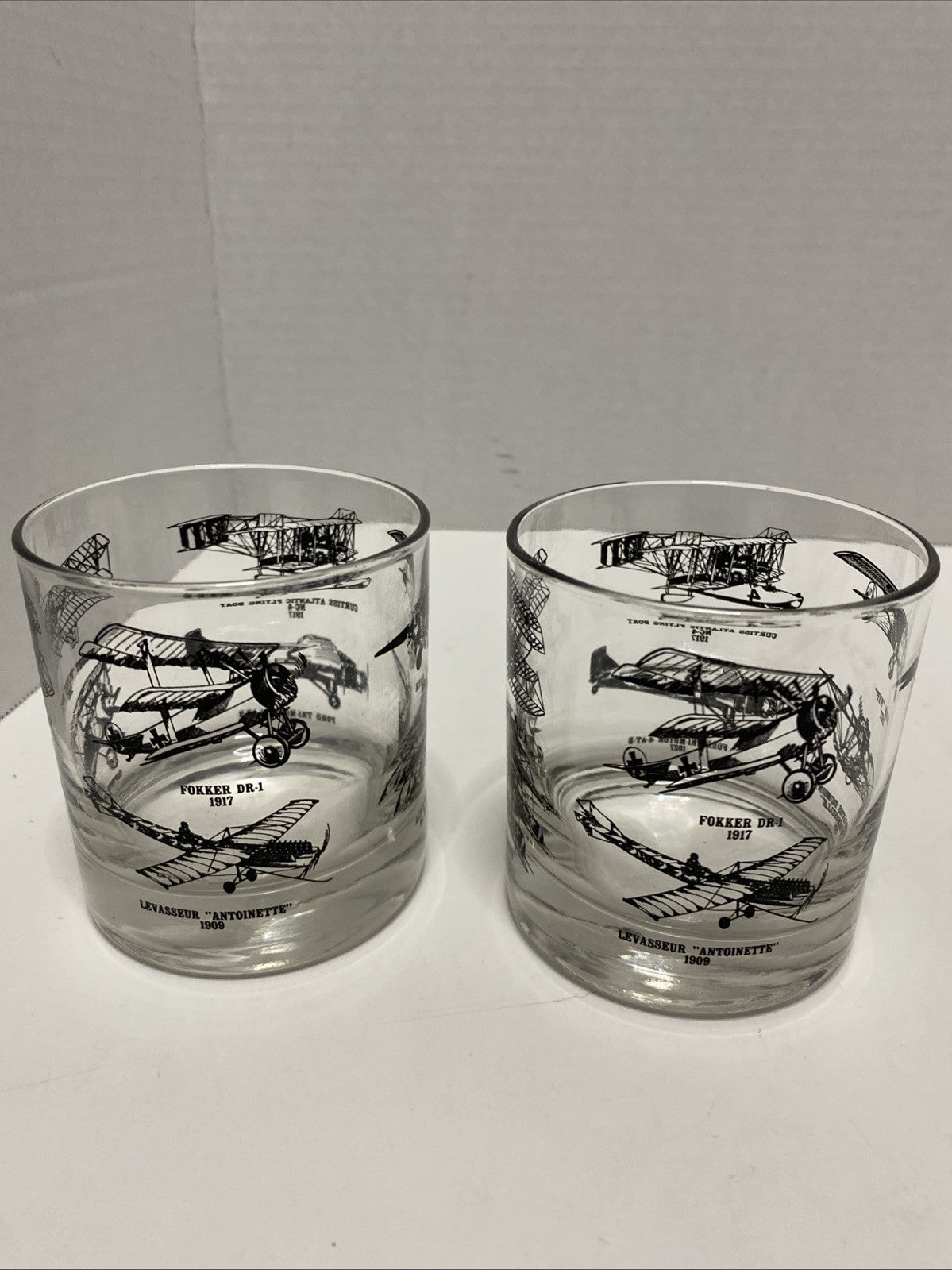 Glass Cup Wright Flyer Model A Sopwith Camel F1 Demoiselle Fokker NYP Set Of 2