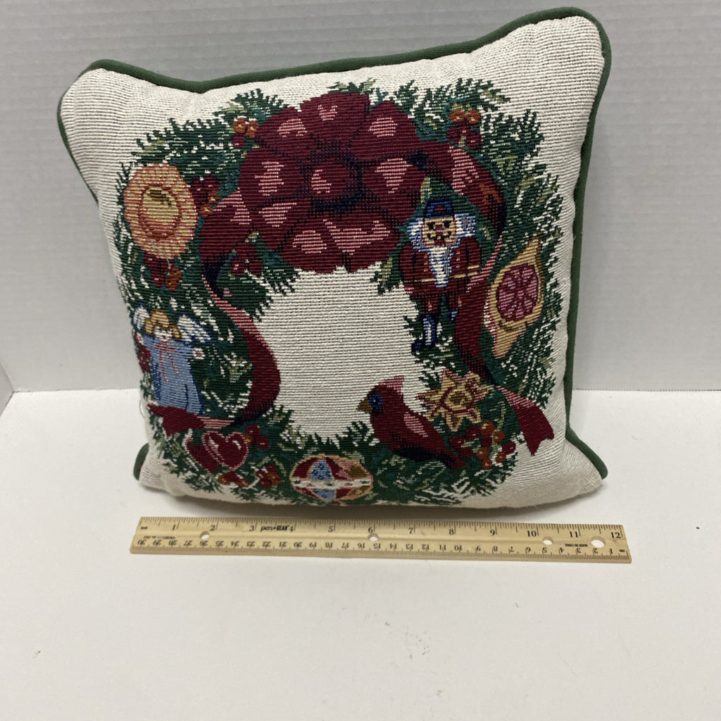 Vtg Needlepoint Tapestry Throw Pillow Wreath Nutcracker Angel Cardinal Christmas