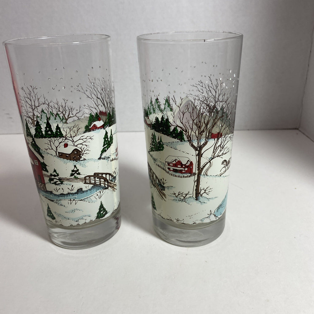 2-Drinking Glasses Currier Ives Winter Barn Snow  Scene.