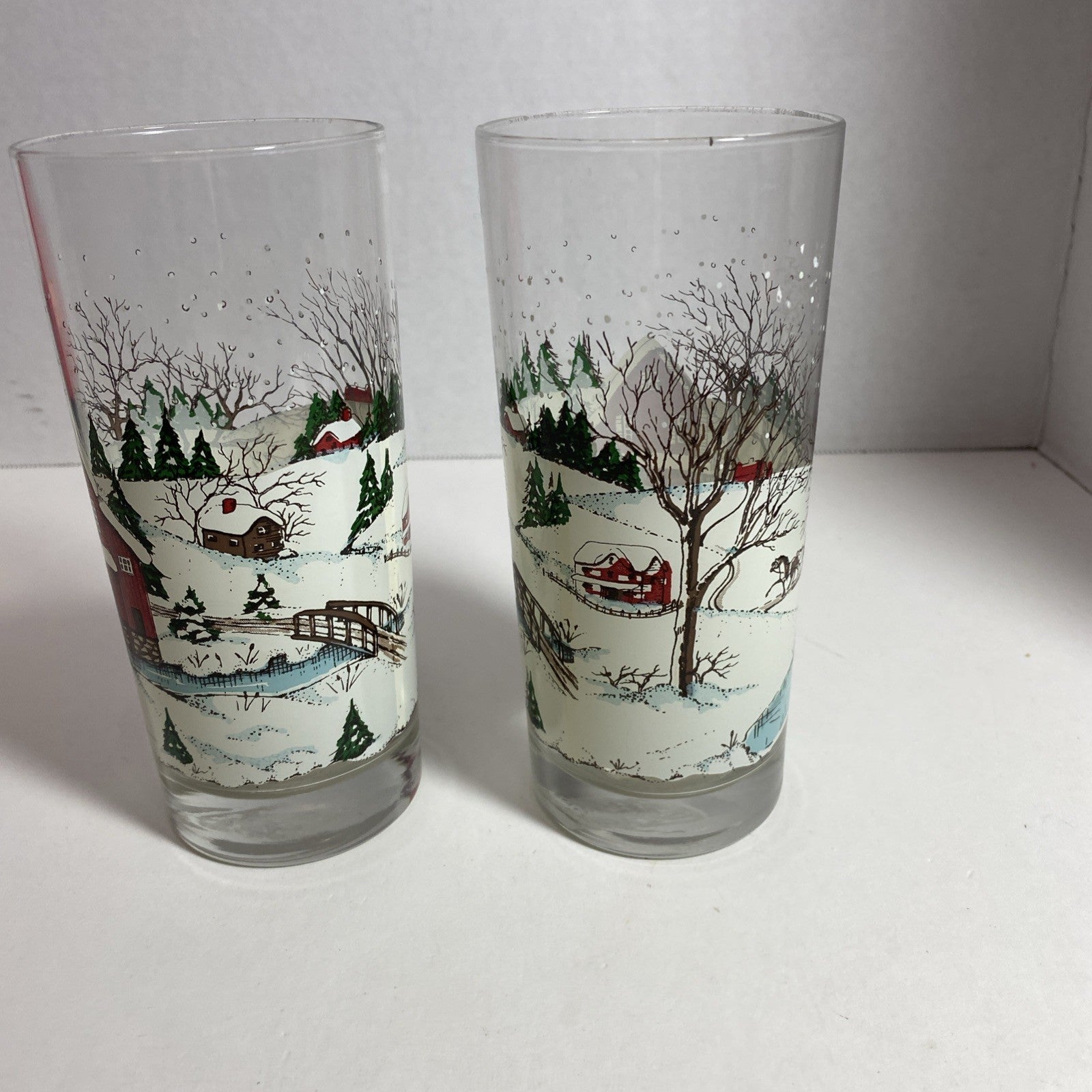 2-Drinking Glasses Currier Ives Winter Barn Snow  Scene.