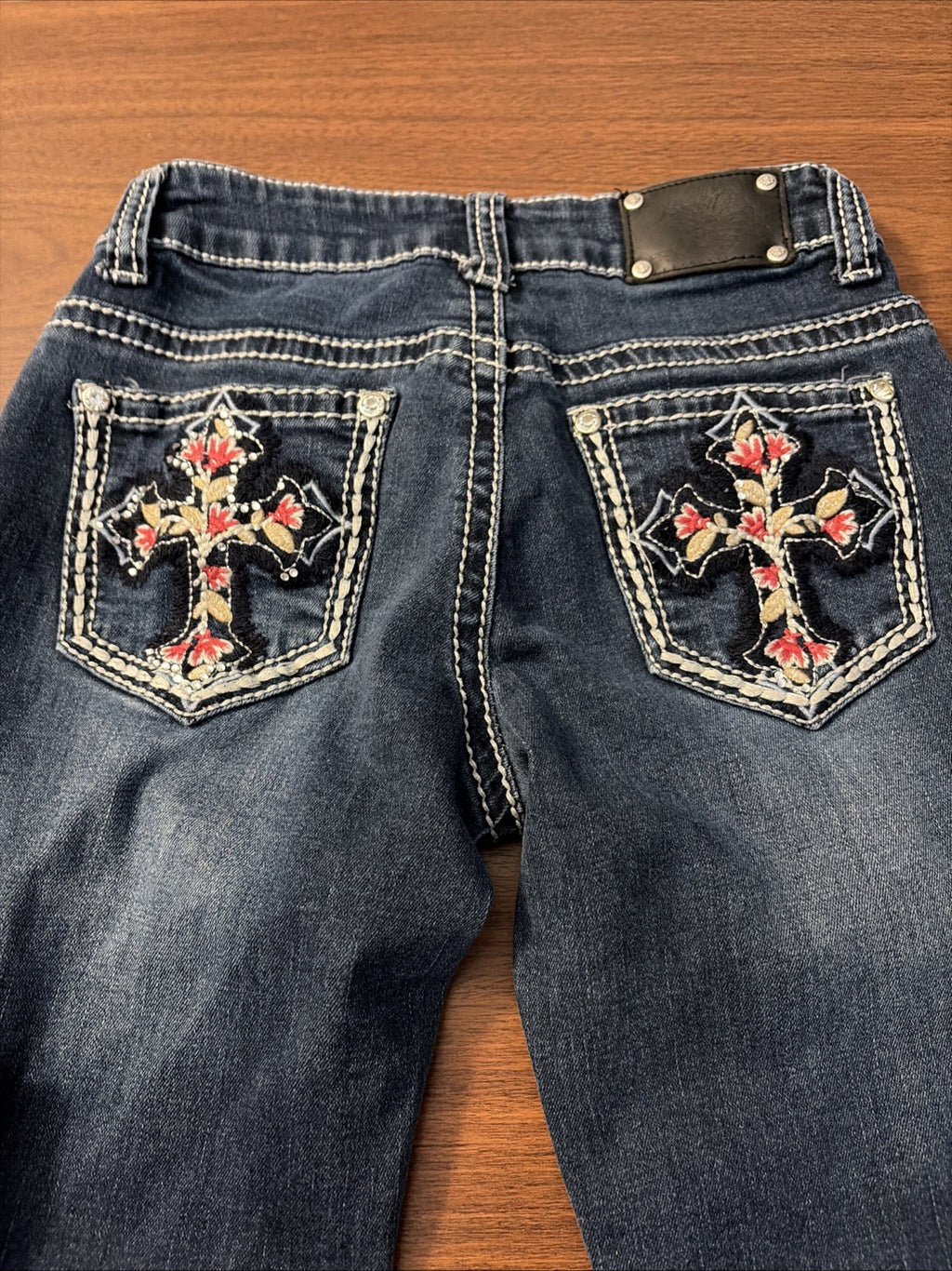 Wired Heart Girls Western Blue Stretch Denim Studded Bootcut Jeans (Size 12)