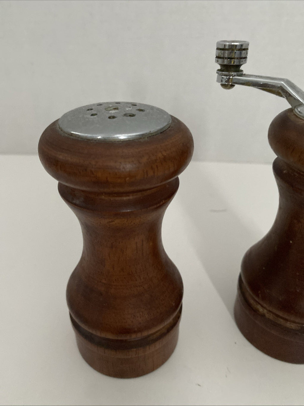 Vintage Heavy Salt & Pepper Shakers Set Wooden Catalina Forged Steel Gear