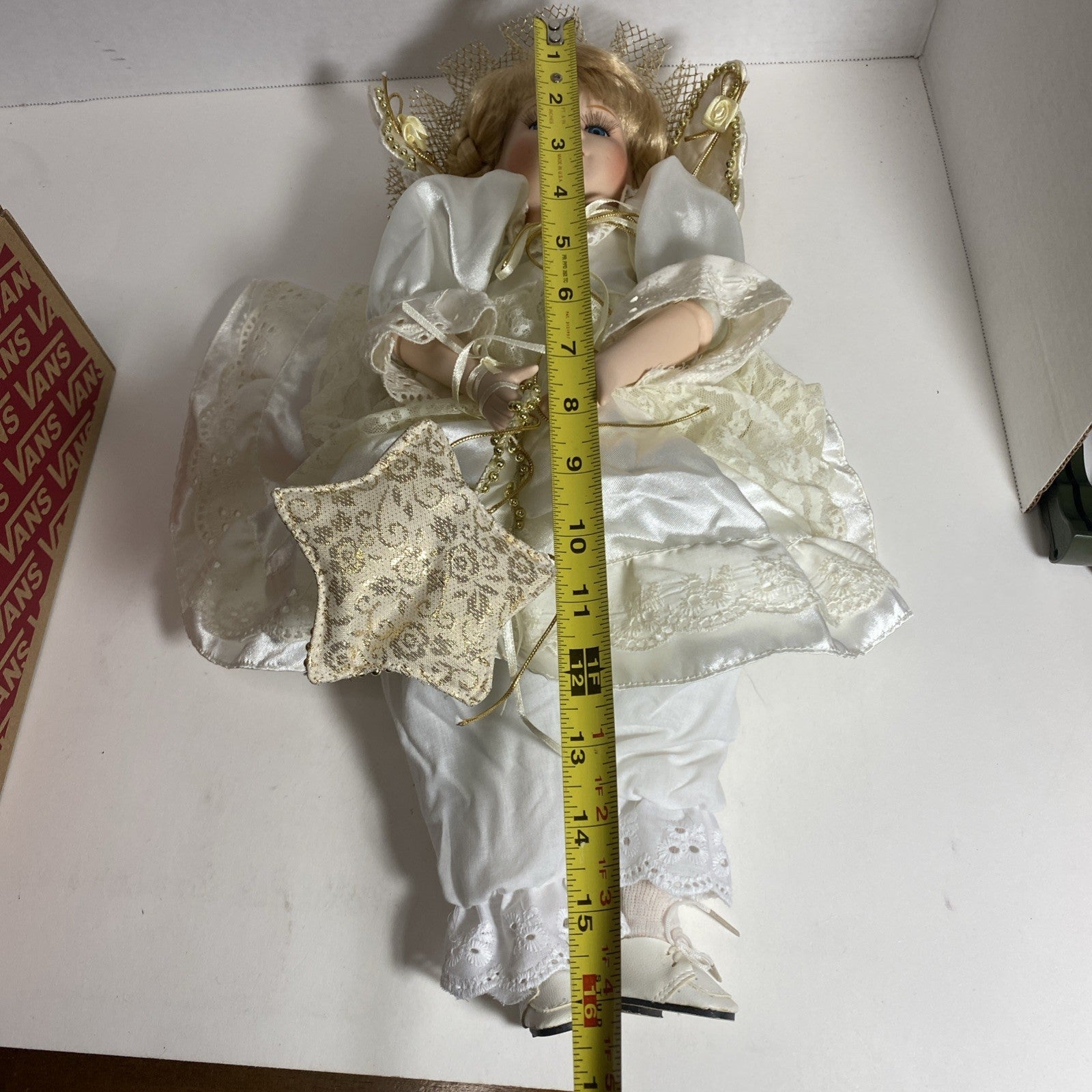 18” Porcelain Angel Doll with Gold Embellished White Satin & Lace Dress
