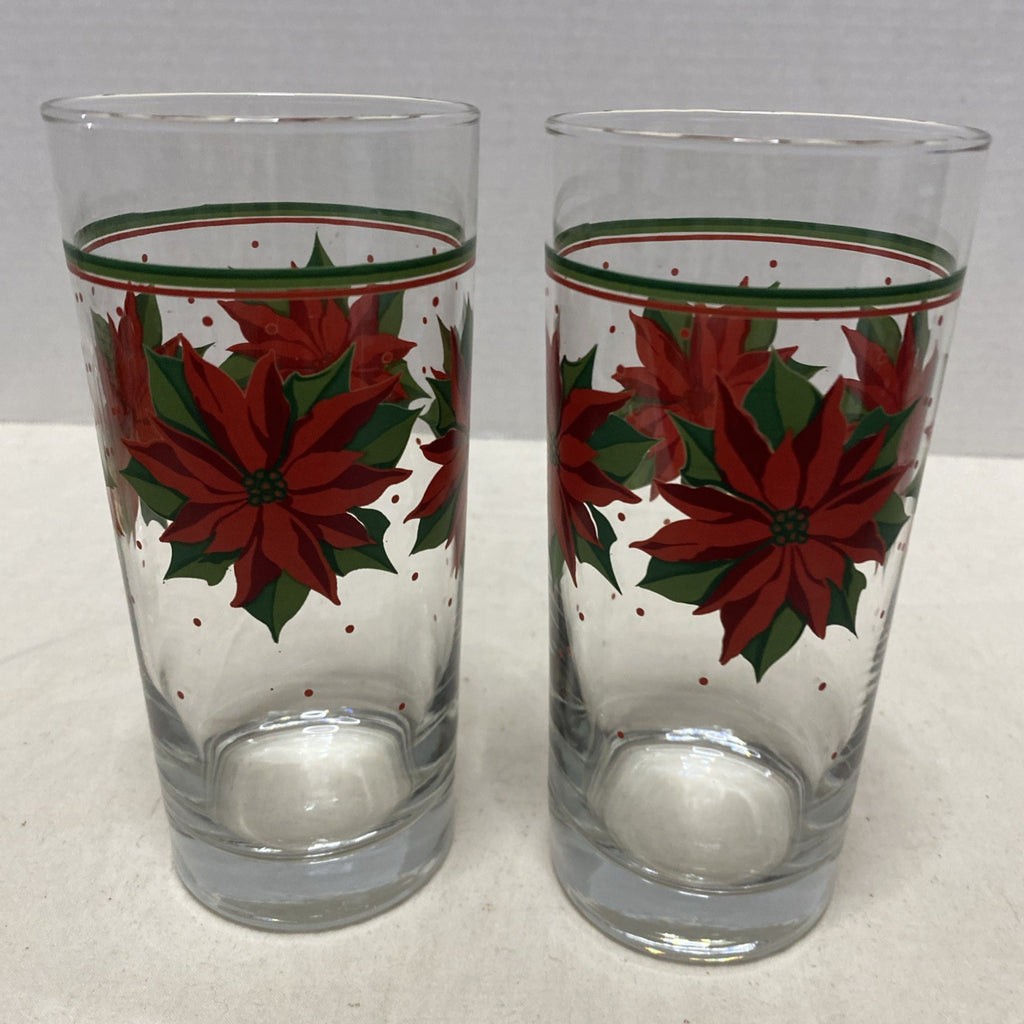 Christmas Set Of 2 Poinsettia Holiday Dinner Ice Tea Water Vintage Tumbler