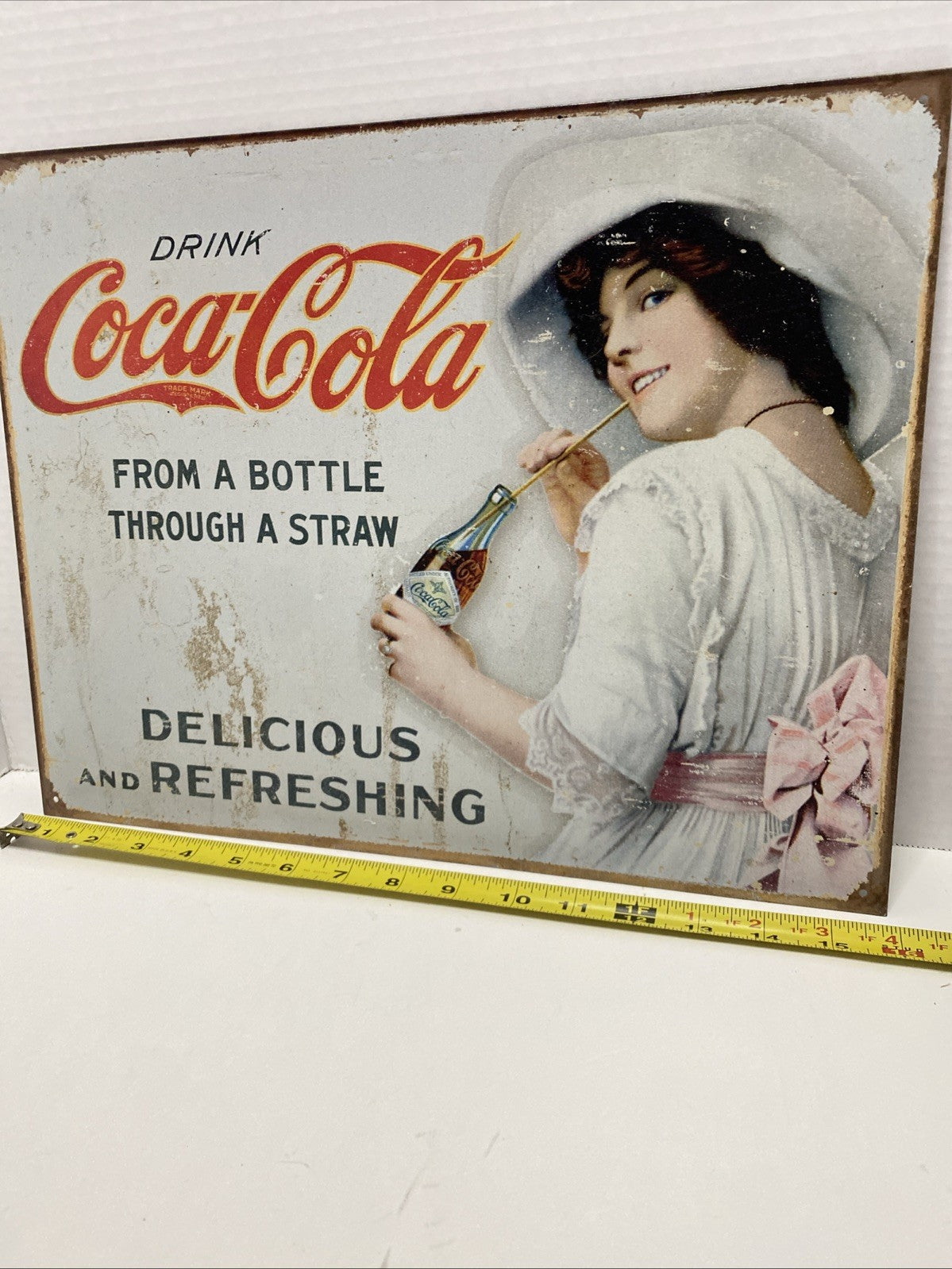 Vintage replica Coke Coca Cola Metal Tin Sign (Coke Lady) 16” x 12”