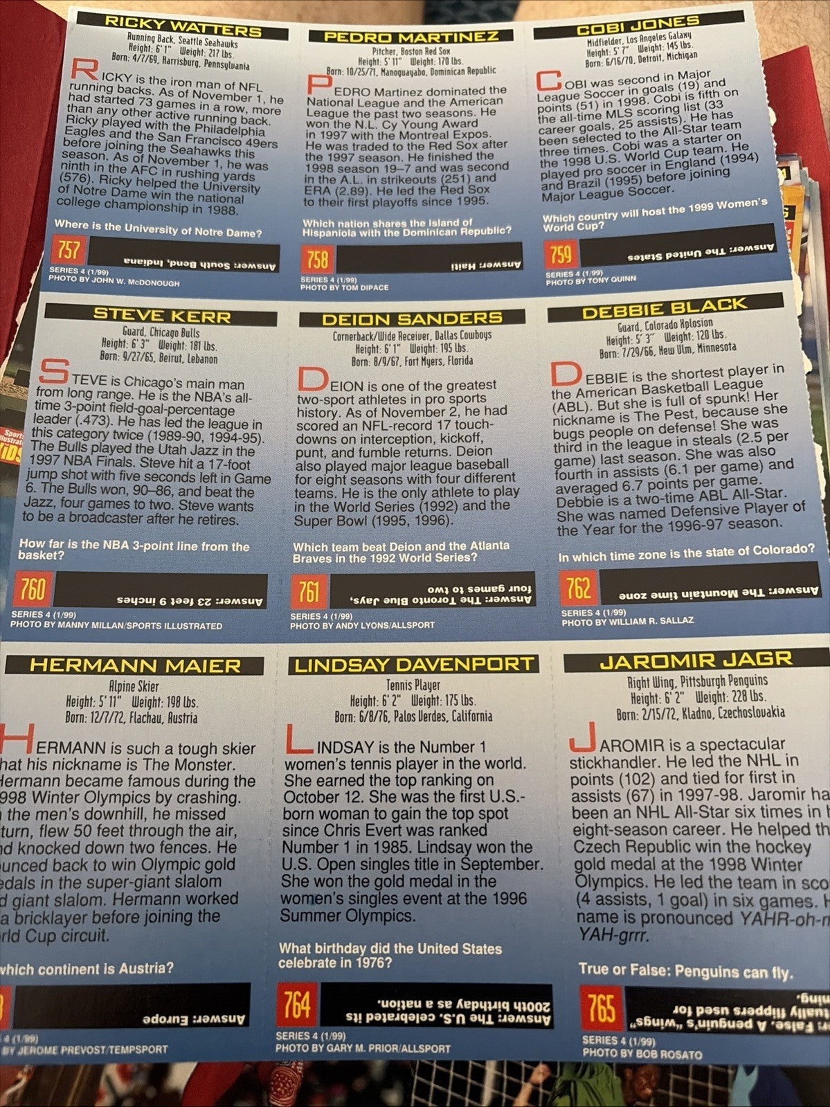 DEION SANDERS 1999 SPORTS ILLUSTRATED FOR KIDS SI UNCUT SHEET HERMANN MAIER
