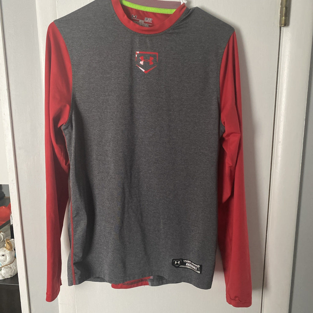 Under Armour Baseball Men's Long Sleeve Shirt Gray Red Fitted Size S