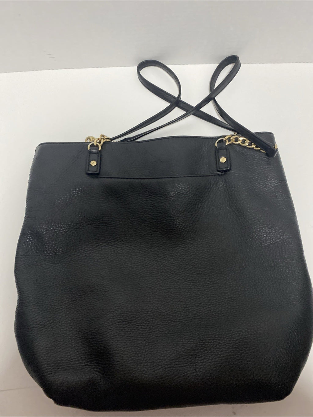 Michael Kors Black Pebbled Leather Handbag Purse Gold Medallion MK Chain EUC