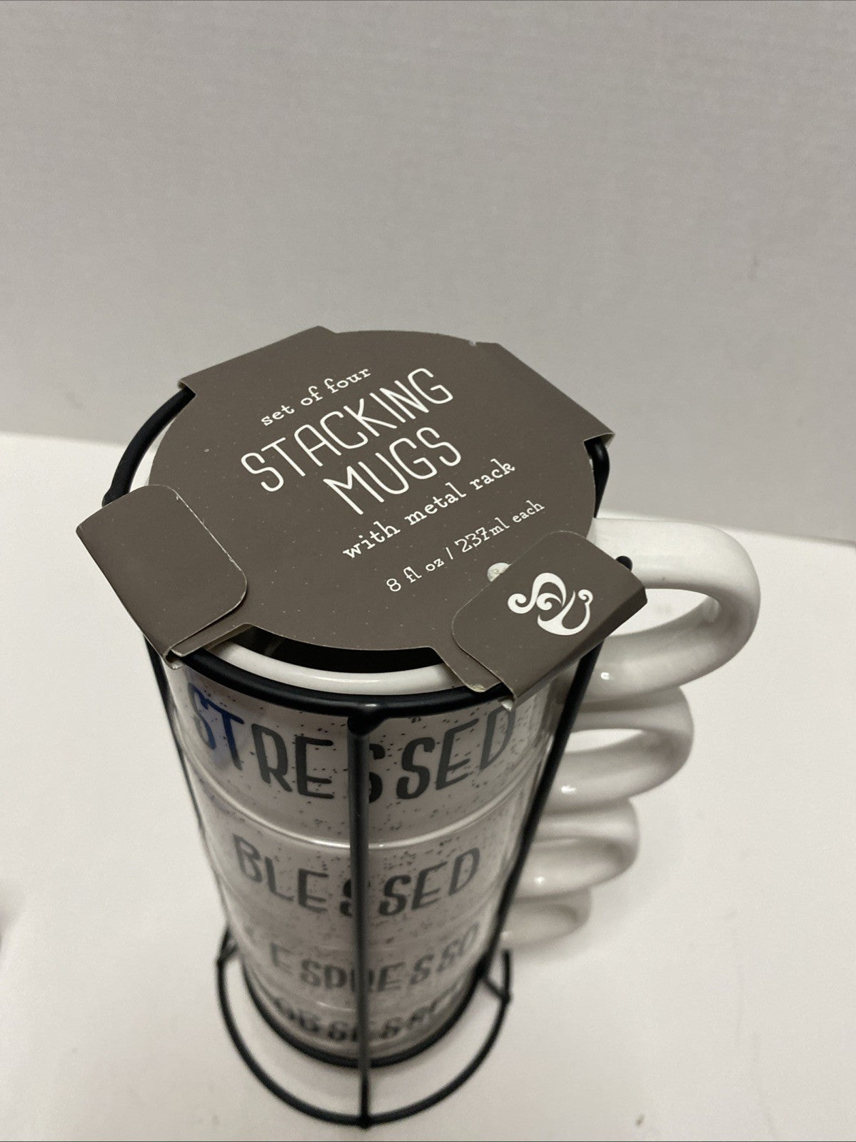 Stressed Blessed & Obsessed Espresso Stacking Mugs & Rack Home Essentials NEW