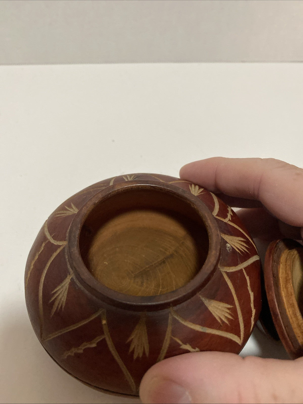 Vintage Hand Carved Wooden Trinket Box With Lid Swirl Design Small 5” Approx