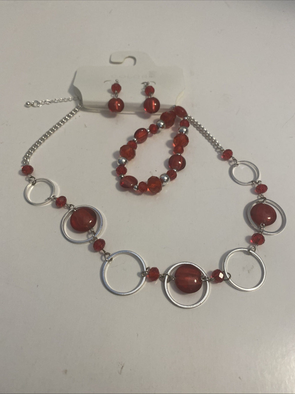 gemstone necklace pendant red clear balls w diamonties bracelet, and earring set