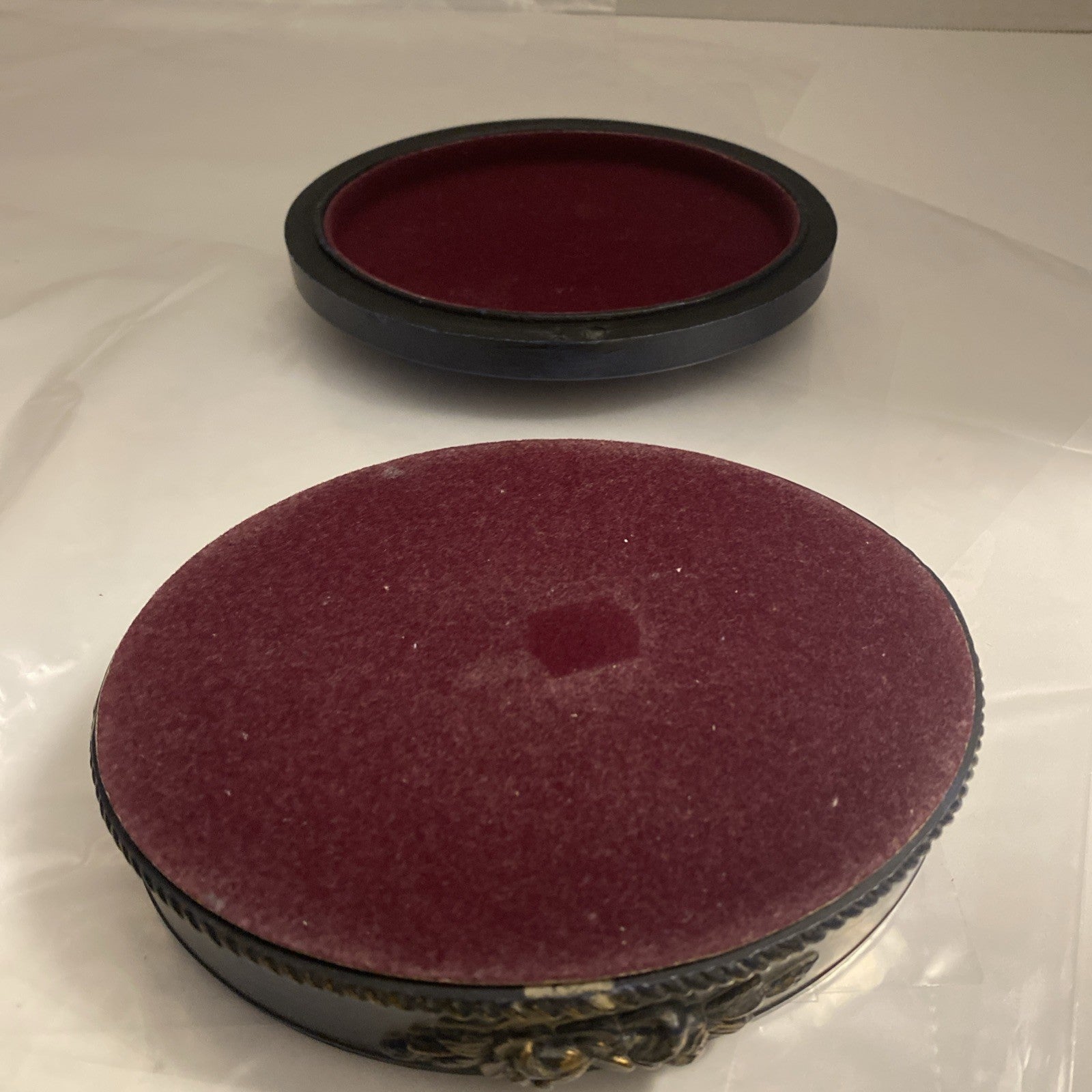 Blue and Gold Hand Painted Trinket Dresser Box w/ Lid Raised Roses Oval 6"x5"x1"