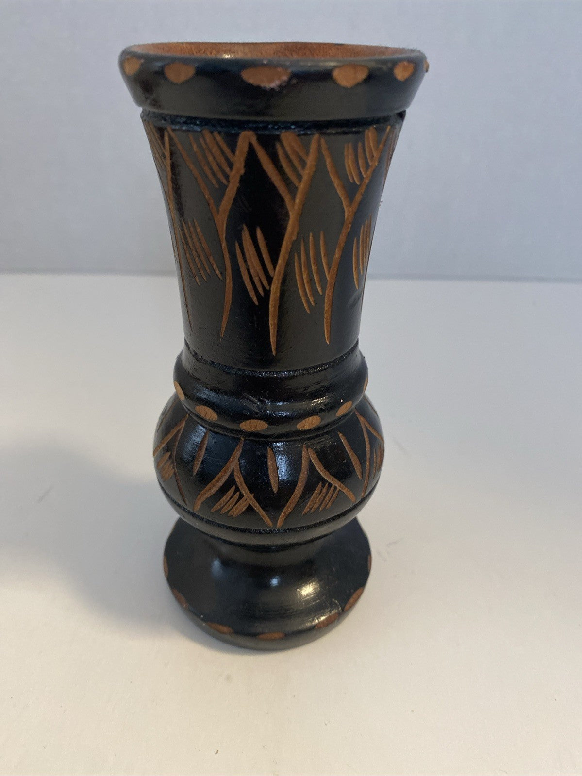 Small Black Haiti Wood Vase with Artisan Hand Carvings around 5” tall