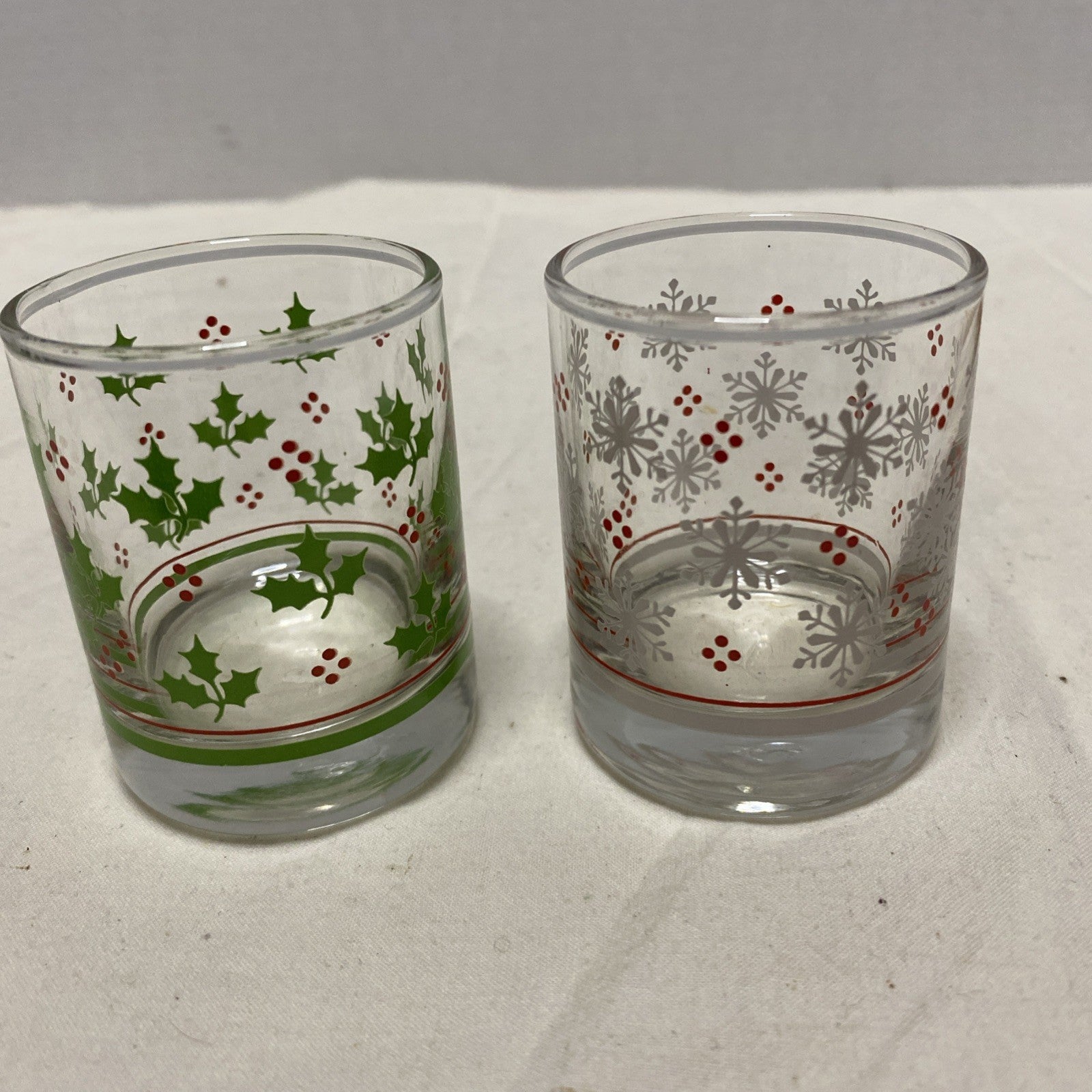 Set of 2 -Holly Berry & Snowflake Lowball Rocks Drinking Glasses