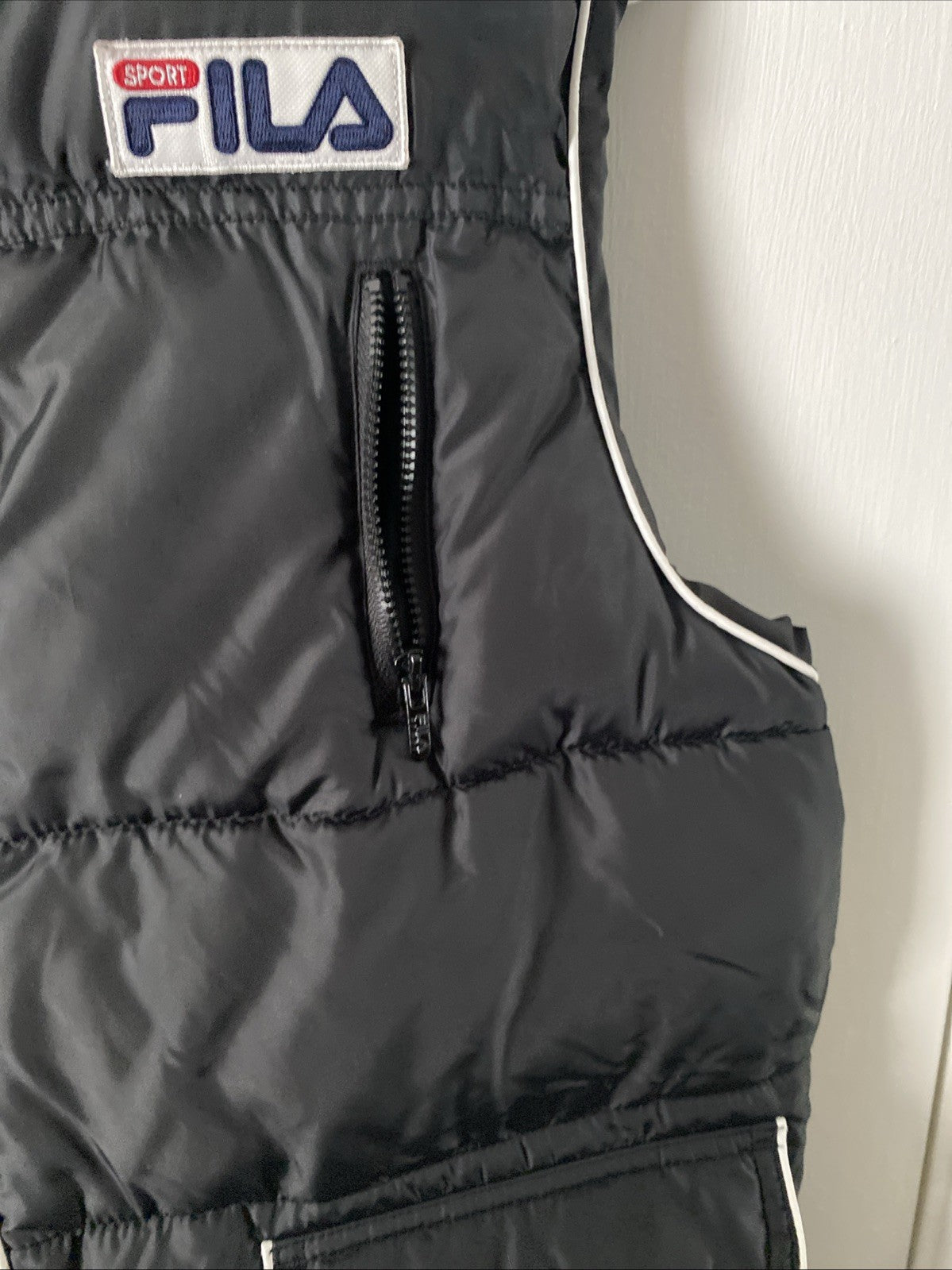 Fila Vest Womens Medium Black Puffer Full Zip Mock Neck Flap Pockets Ribbed Hem