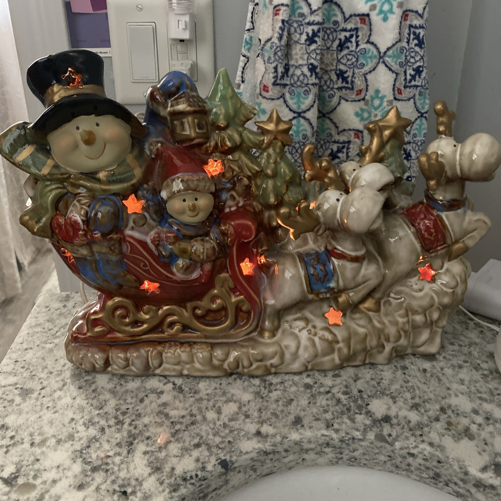 Kirklands Potter's Garden Snowman Sleigh Night Light Featuring Reindeer