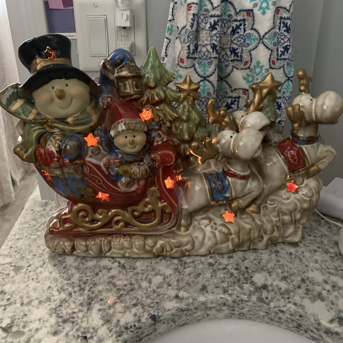 Kirklands Potter's Garden Snowman Sleigh Night Light Featuring Reindeer