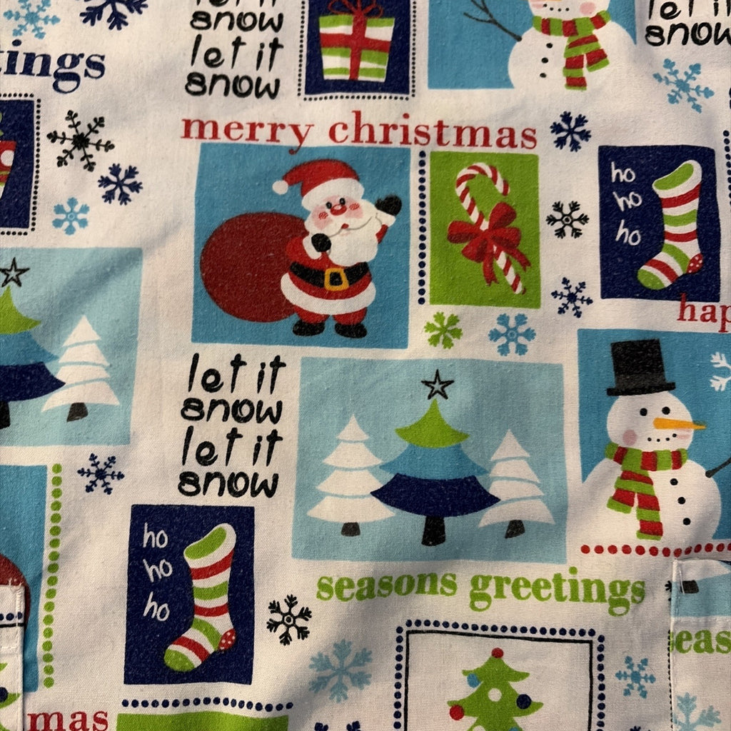 Cassandra O Women’s Size Medium Scrub Top Season Greetings Christmas Pattern