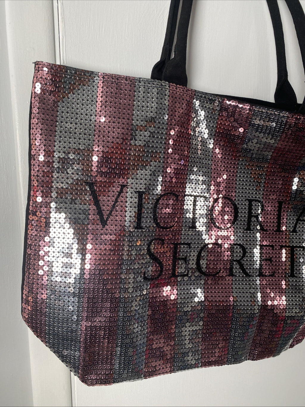 VICTORIAS SECRET PINK LG pink silver glittery tote bag double handles w/logo
