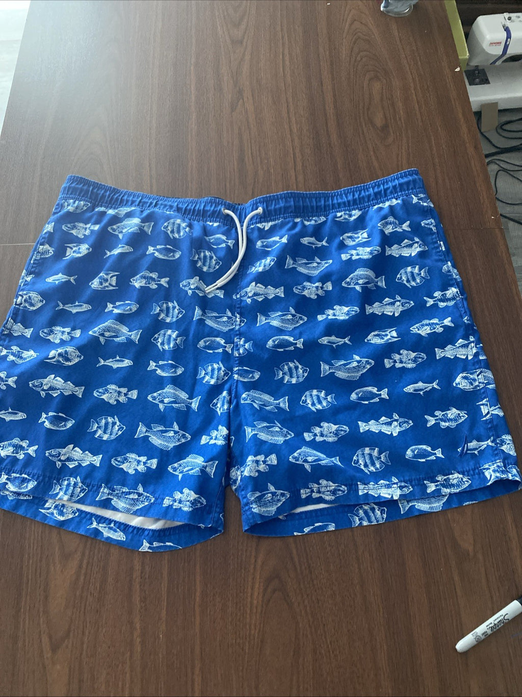 Nautica Men's Lined Blue / White Drawstring Swim Trunks 2XL