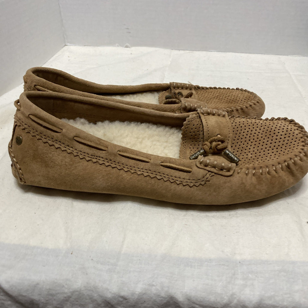 UGG Roni Moccasin Loafer Slipper Tan Suede Shearling Womens Size 6.5