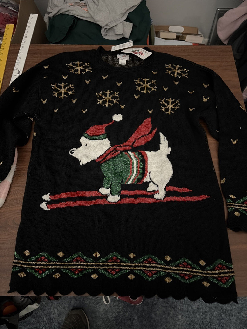 Vintage Nutcracker Christmas Sweater Dog on Skis Acrylic & Lurex Womens M Ugly