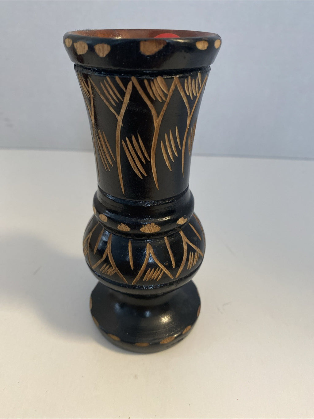 Small Black Haiti Wood Vase with Artisan Hand Carvings around 5” tall